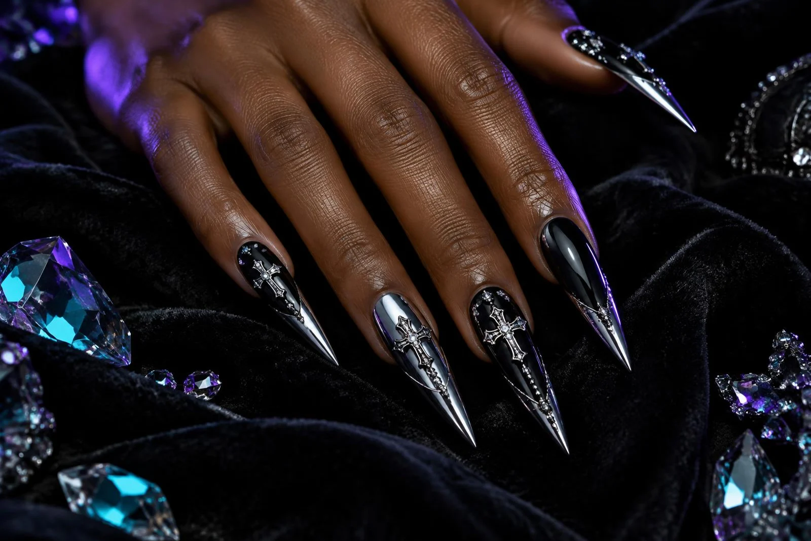 Inspiration black and chrome stilettos with cross charms on velvet