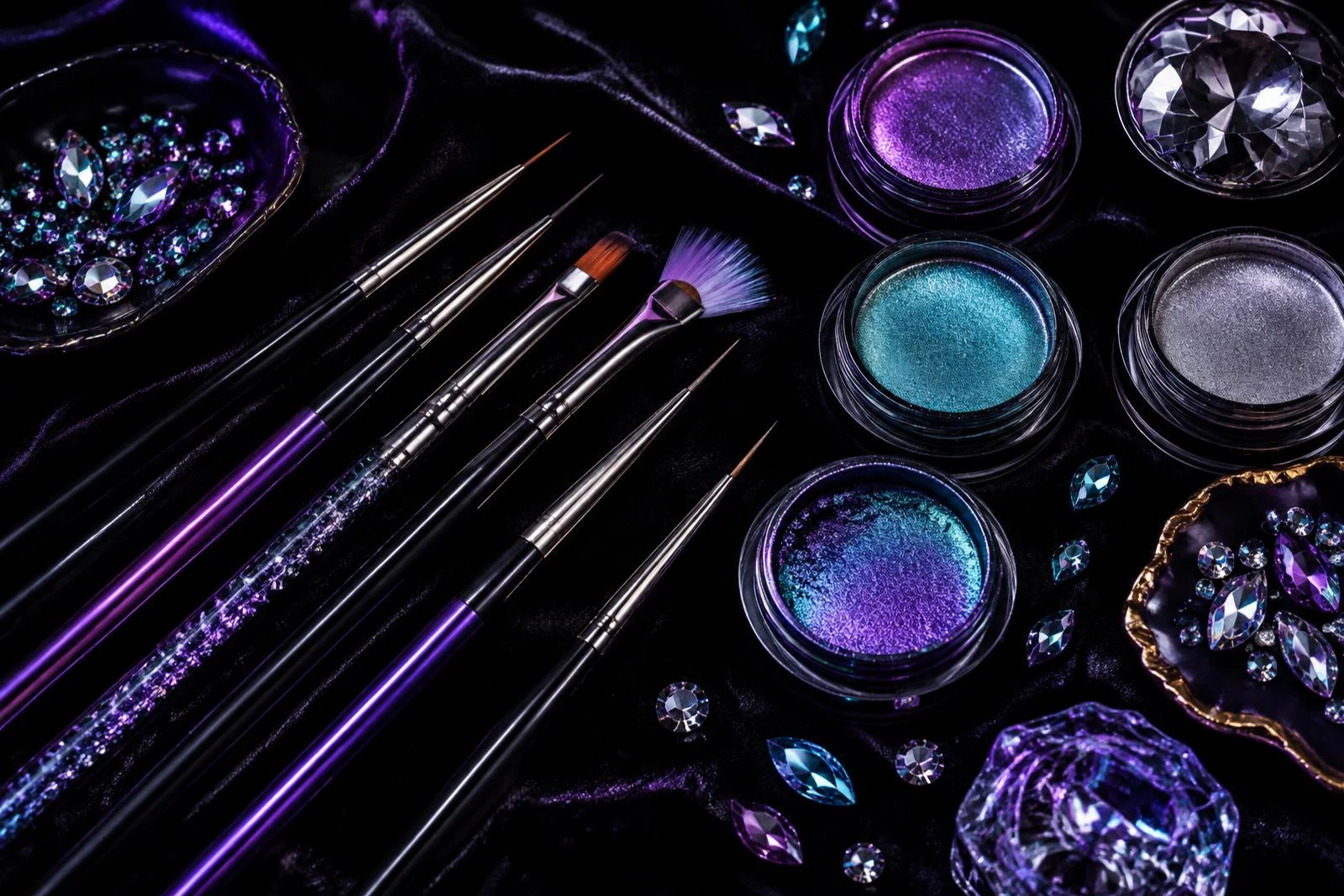 Illustrative brushes, chrome powders and crystals on black