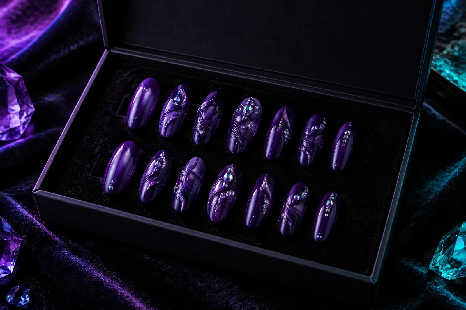 Concept royal purple press-on set in an open black box