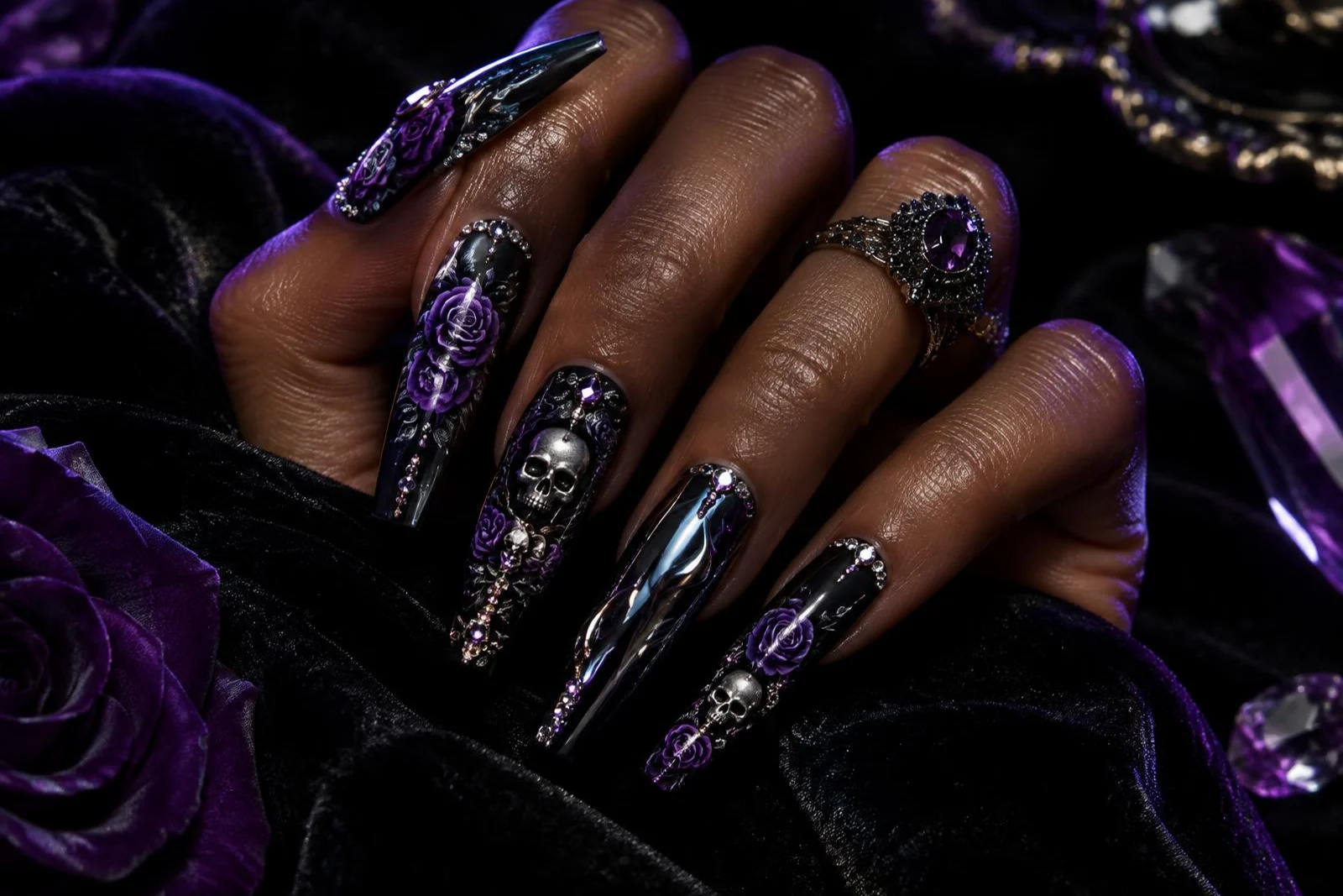 Inspiration roses and skulls on long coffin nails